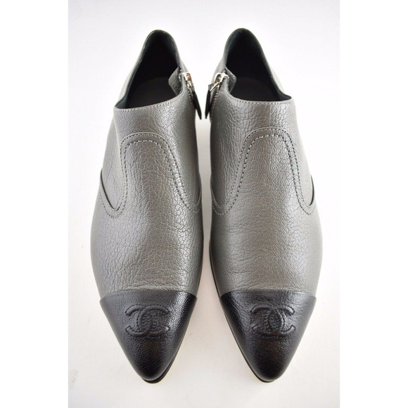 Chanel 18B Black Grey Grained CC Pointed Loafer Moccasin Flat Short Boots 40.5 - Picture 5 of 12